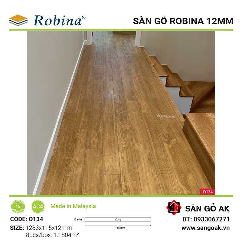 Sàn Gỗ Công Nghiệp Malaysia Robina 12mm O134 Bản Nhỏ